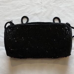 Clara Marchi Black Beaded Evening Bag Shoulder/Crossbody Barrel Design Very Nice